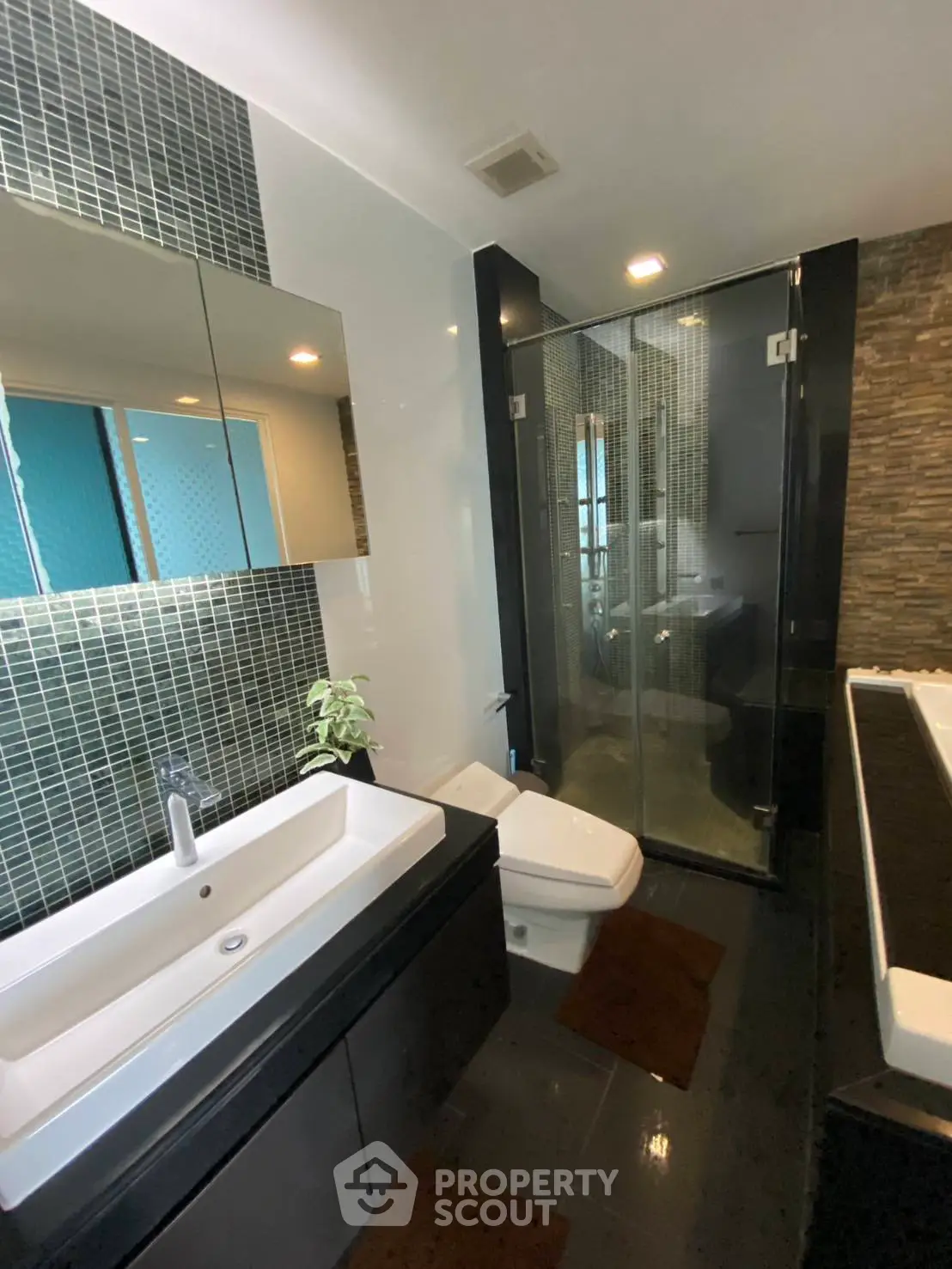 Modern bathroom with glass shower and sleek black fixtures