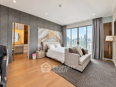 Luxurious bedroom with stunning city view and elegant decor