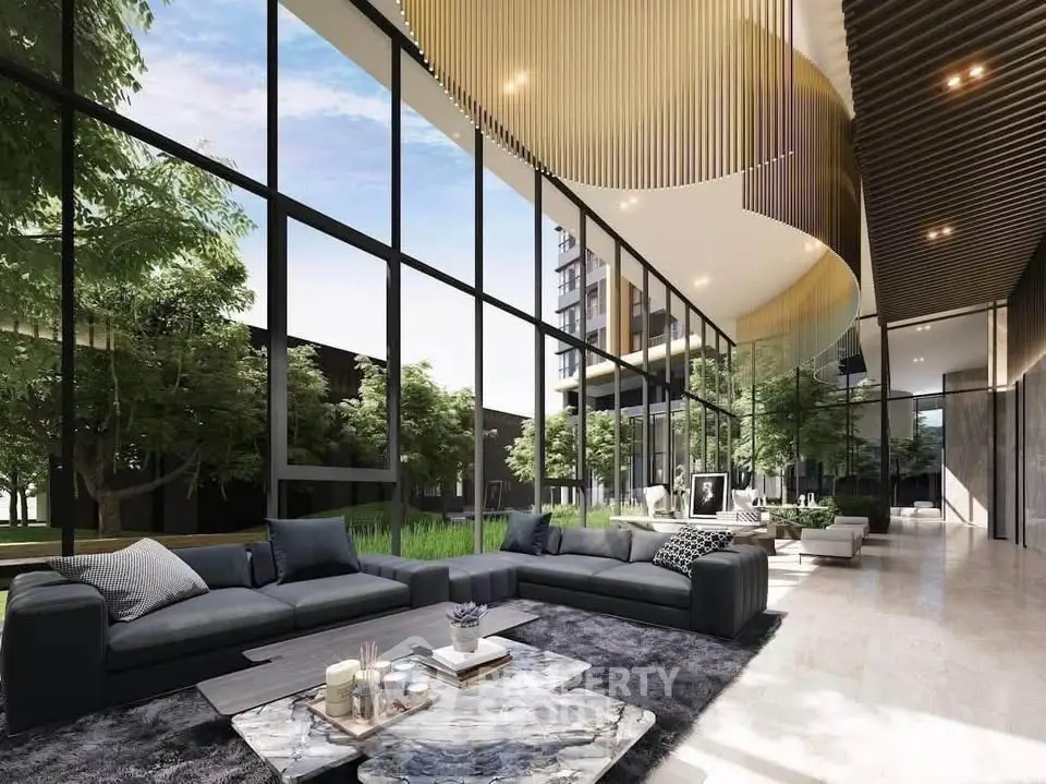Luxurious modern living room with floor-to-ceiling windows and stunning garden view.
