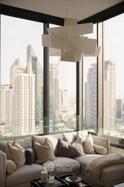 Luxurious corner unit living room with panoramic city views and modern decor.
