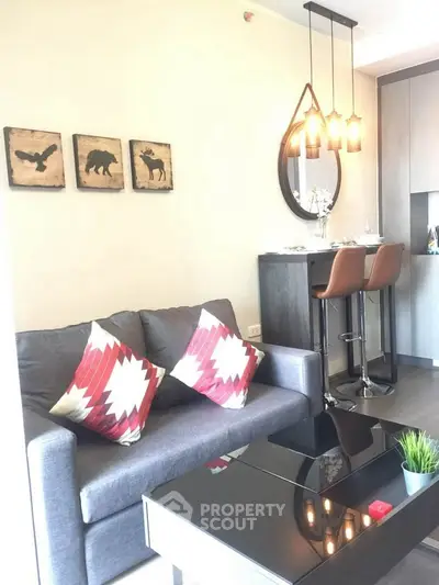 Modern living room with stylish decor and cozy seating area