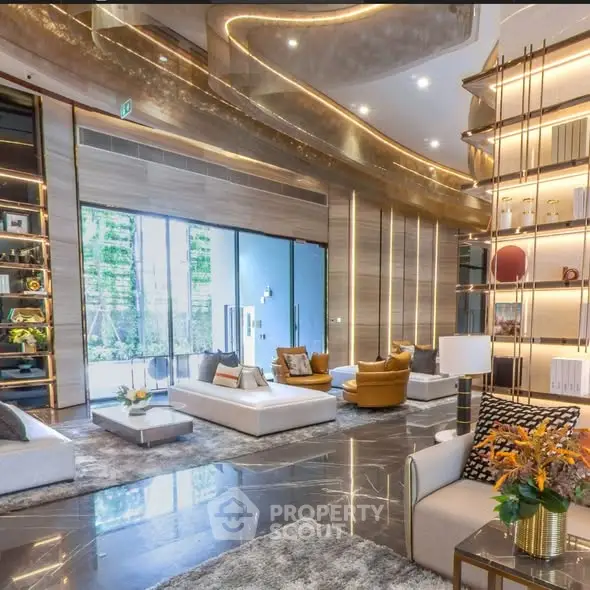 Luxurious modern living room with elegant decor and spacious seating area.