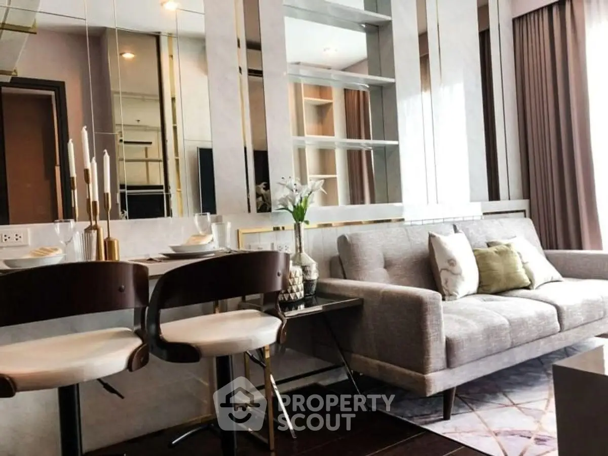 Modern living room with elegant decor and cozy seating area