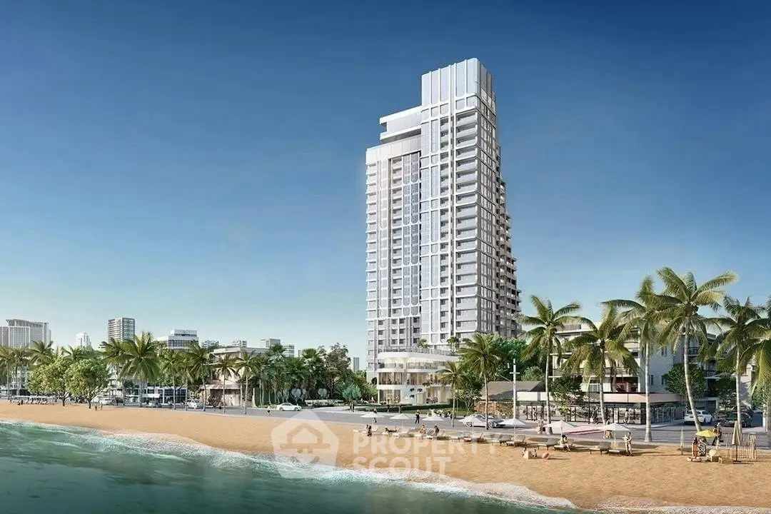 Stunning beachfront high-rise with modern architecture and palm-lined promenade.