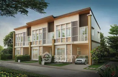 Modern townhouse with sleek design and lush landscaping in a serene neighborhood.