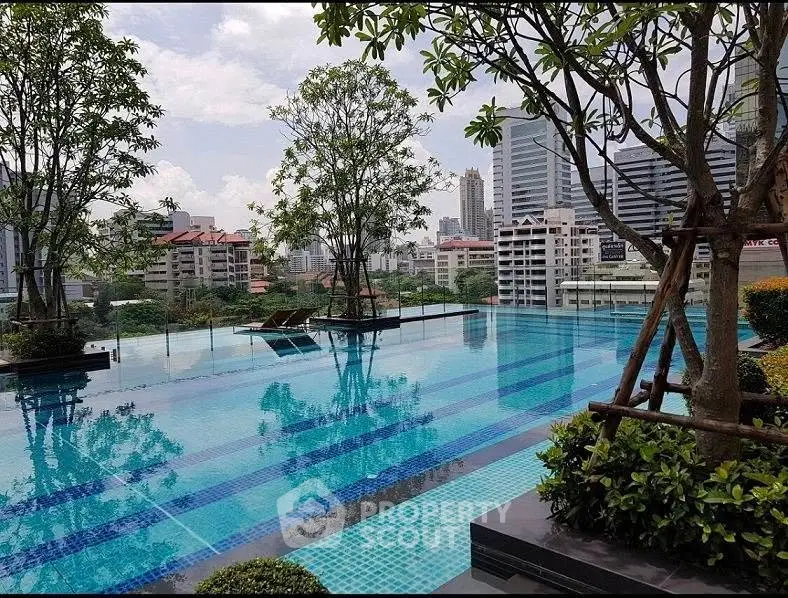 Luxurious rooftop pool with stunning city skyline views and lush greenery.