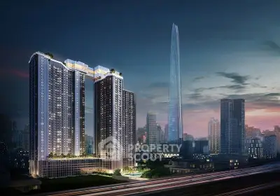 Stunning cityscape view of modern high-rise residential towers at dusk, showcasing urban luxury living.