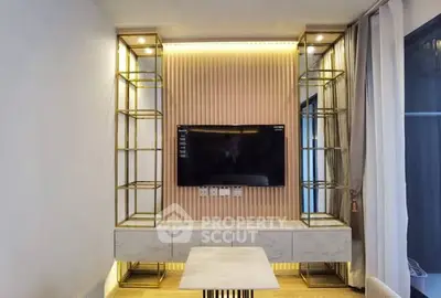 Modern living room with stylish TV setup and elegant shelving