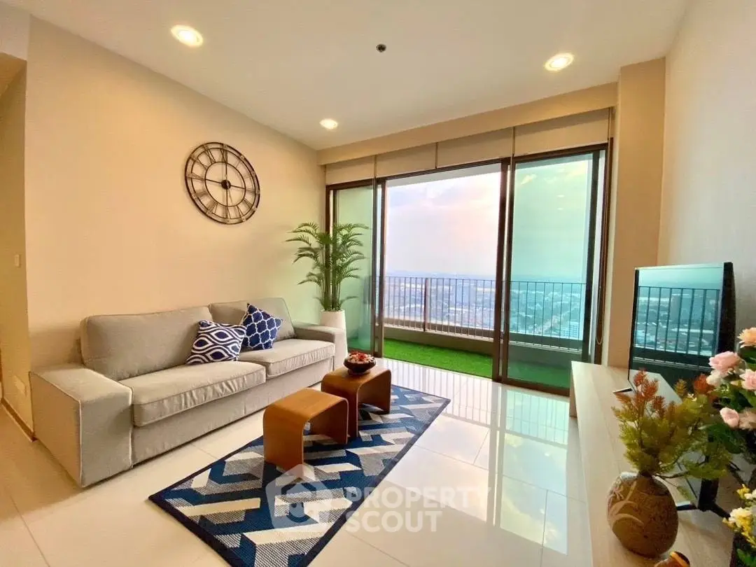 Modern living room with stunning city view and stylish decor