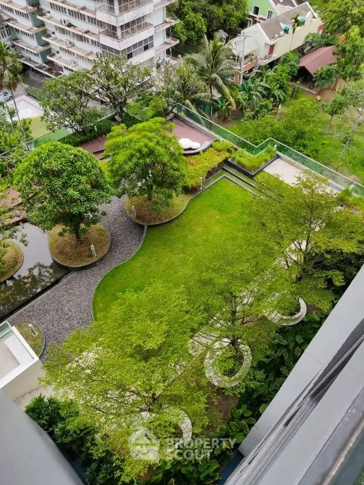 Stunning aerial view of lush garden in modern residential complex