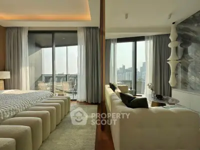 Luxurious modern bedroom with city view and elegant living area