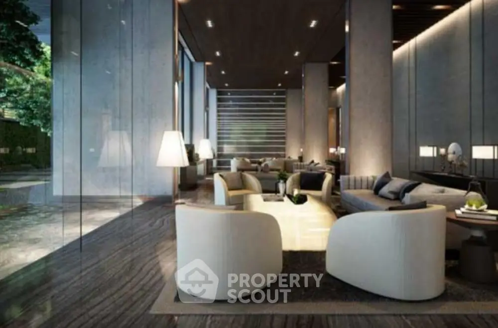 Luxurious modern living room with elegant furniture and floor-to-ceiling windows.