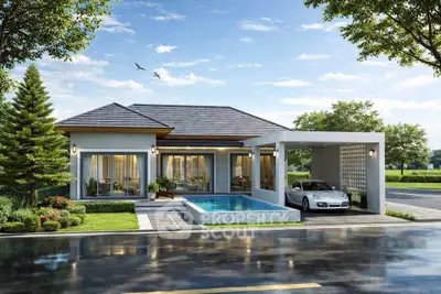 Modern single-story house with pool and carport in lush green setting.