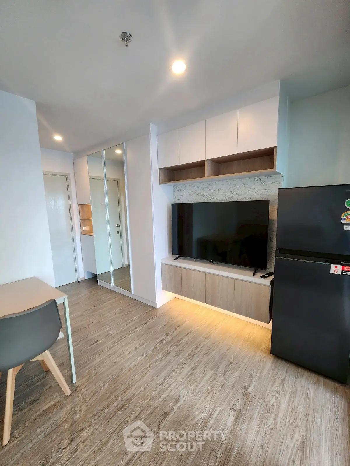 Modern living room with sleek TV unit and mirrored storage