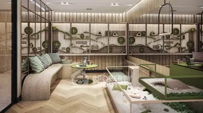 Luxurious modern living room with unique wall decor and stylish furniture