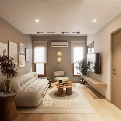 Modern living room with stylish decor, cozy sofa, and wall-mounted TV, perfect for relaxation and entertainment.