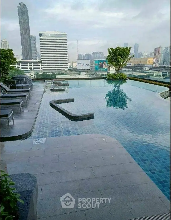Luxurious rooftop pool with stunning city skyline views in modern urban setting.