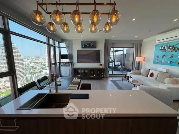 Luxurious open-plan living room with stunning city view and modern decor