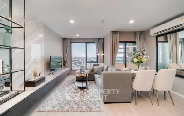 Luxurious modern living room with panoramic city view and elegant decor