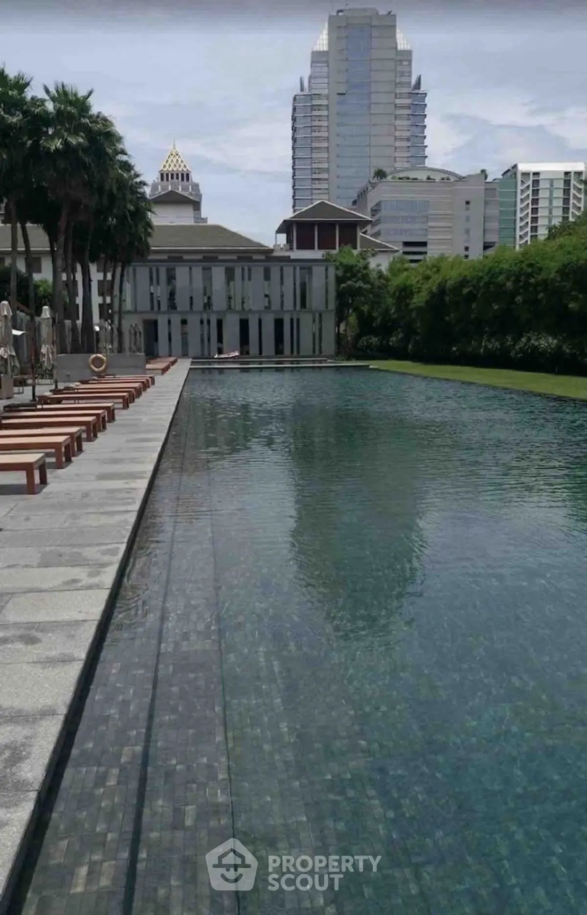 Luxurious outdoor pool with city skyline view and lush greenery, perfect for relaxation and leisure.