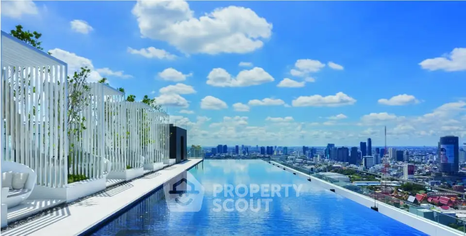 Luxurious rooftop infinity pool with stunning city skyline view under a bright blue sky.