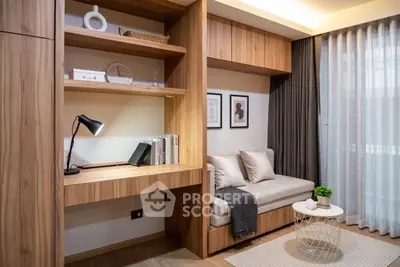 Modern living room with built-in wooden shelves and cozy seating area