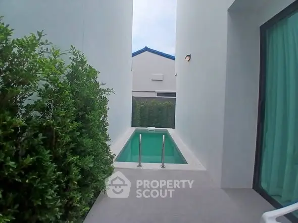 Modern narrow pool nestled between white walls and lush greenery