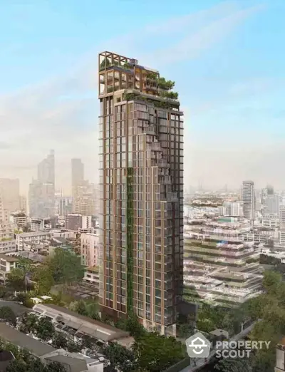 Stunning high-rise building with lush rooftop garden and panoramic city views