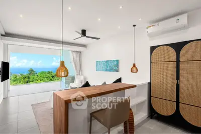 Stunning modern living room with ocean view and stylish decor