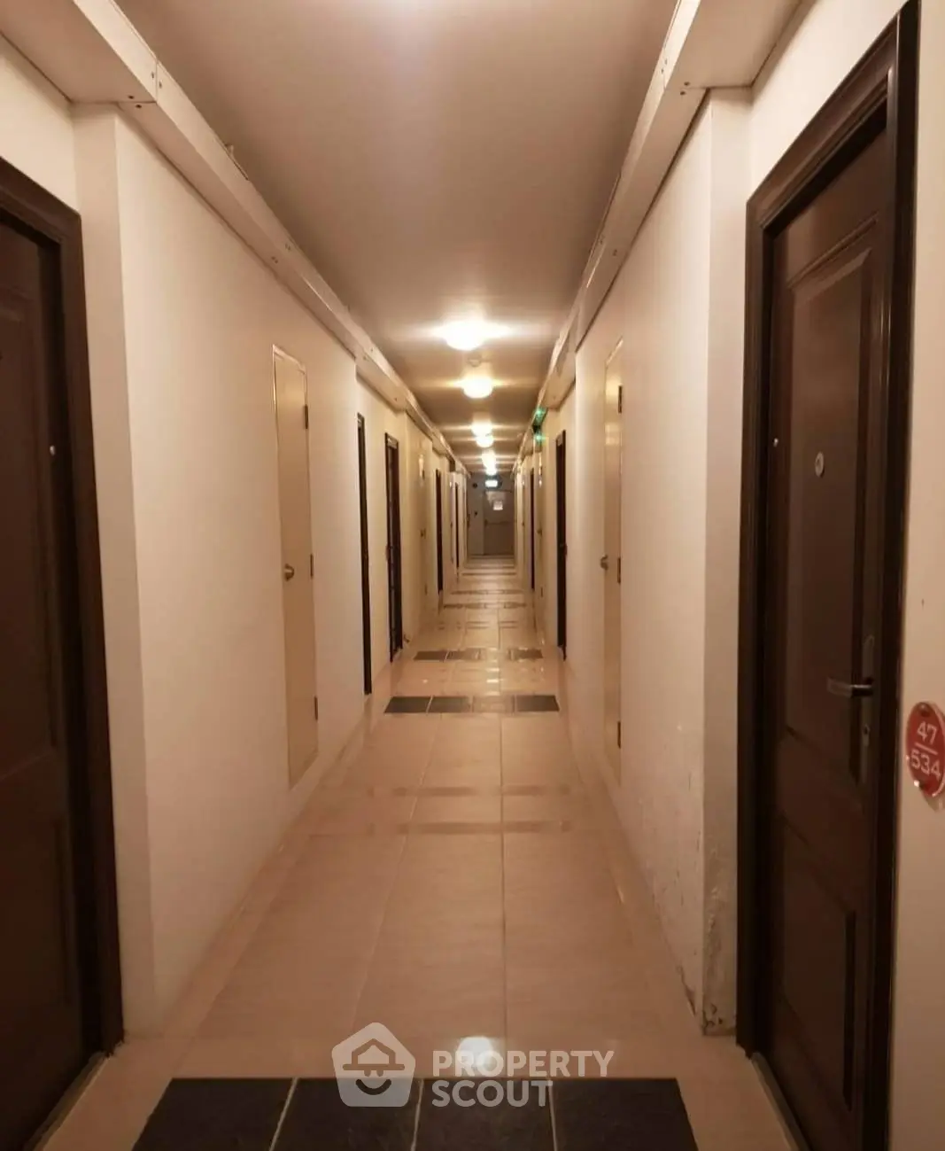 Spacious and well-lit apartment corridor with multiple doors and tiled flooring.