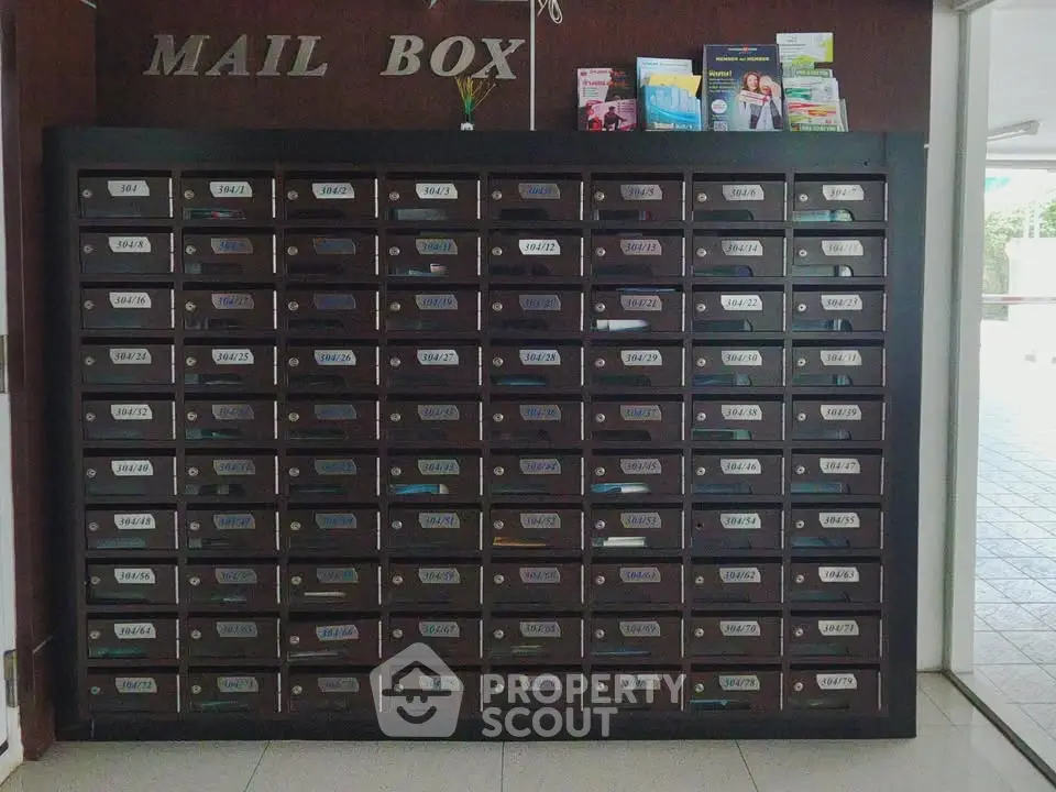Modern apartment mailboxes in a stylish lobby area.