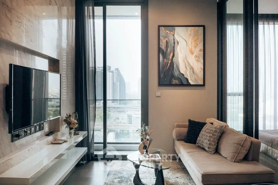 Luxurious modern living room with stunning city view and elegant decor