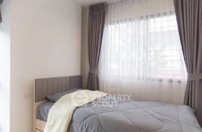 Cozy bedroom with large window and elegant curtains, featuring a comfortable bed and soft lighting.