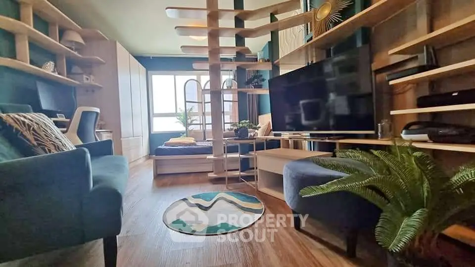 Stylish modern living room with unique shelving and cozy seating area