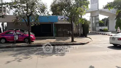 Street view of commercial property with parking and trees