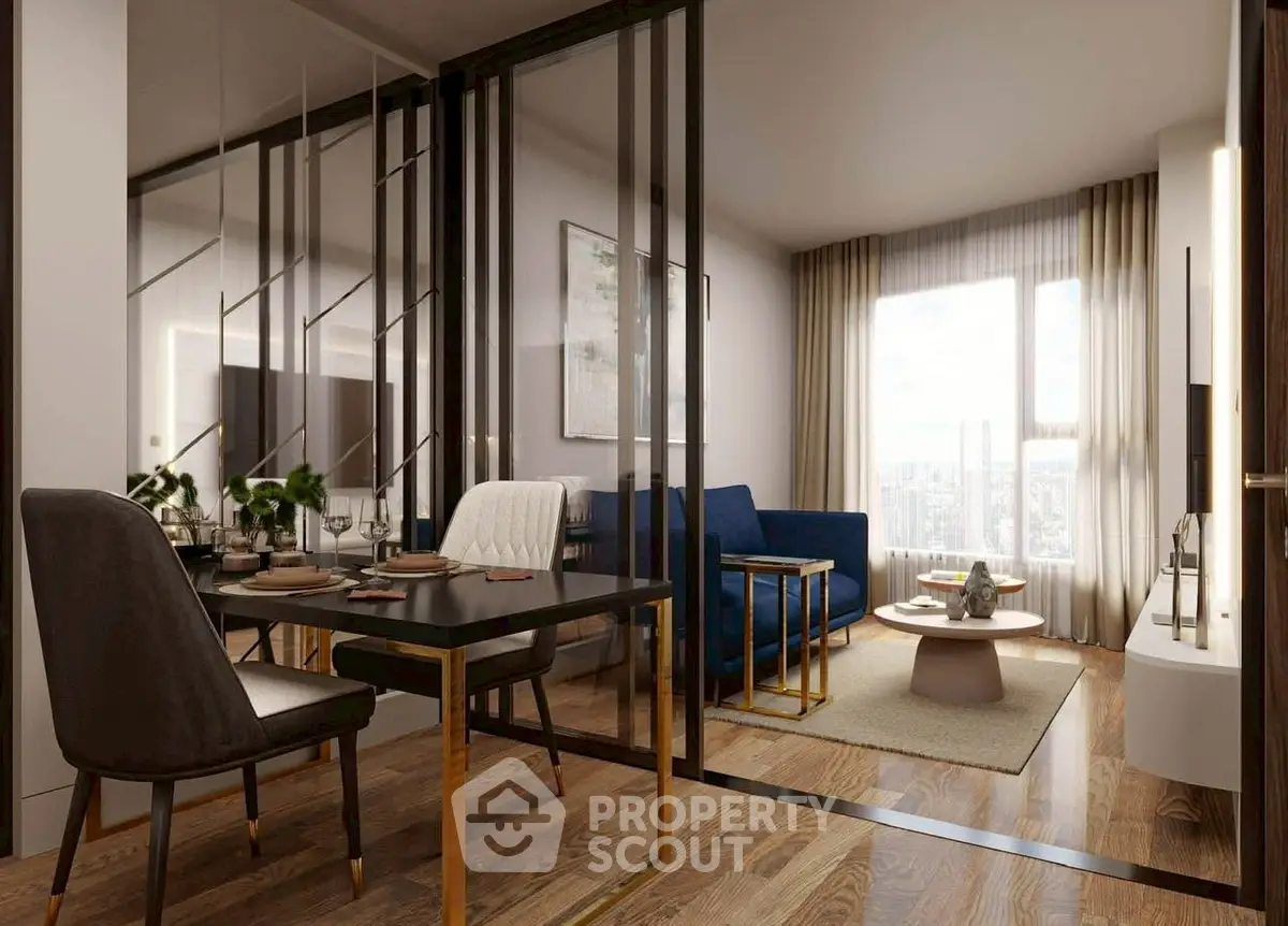 Modern living room with elegant dining area and large windows.