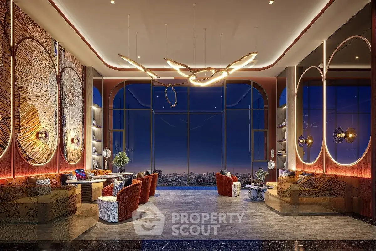 Luxurious modern living room with stunning city view, elegant lighting, and stylish decor.