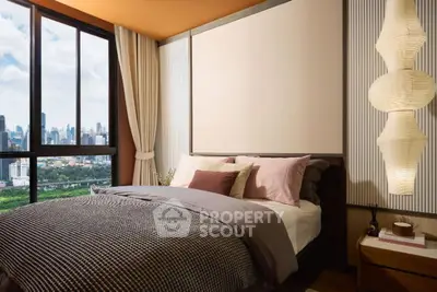 Luxurious bedroom with city view and elegant decor