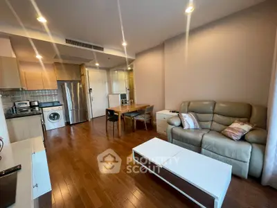 Modern living room with open kitchen, hardwood floors, and cozy seating area.
