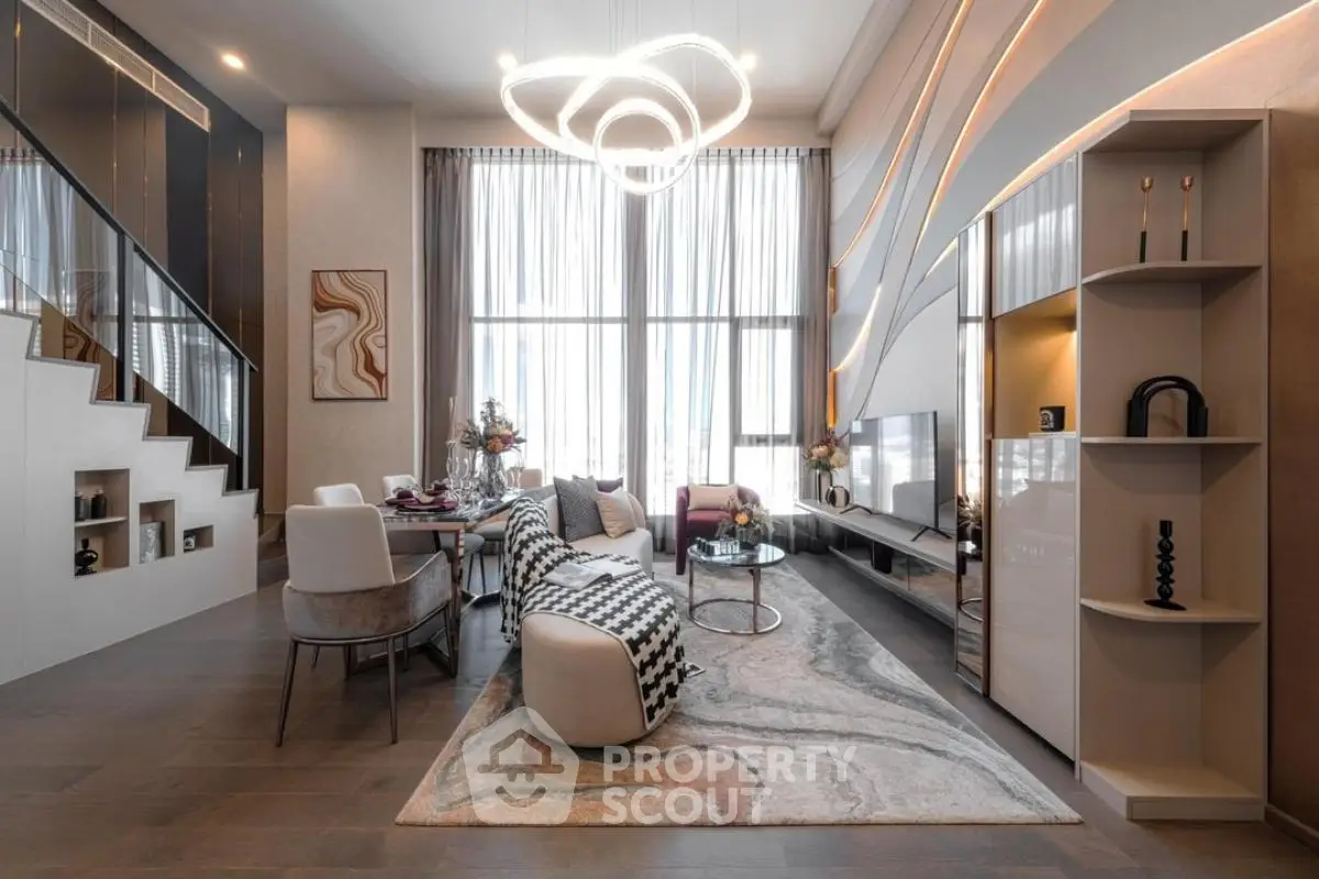Luxurious modern living room with high ceilings and elegant decor