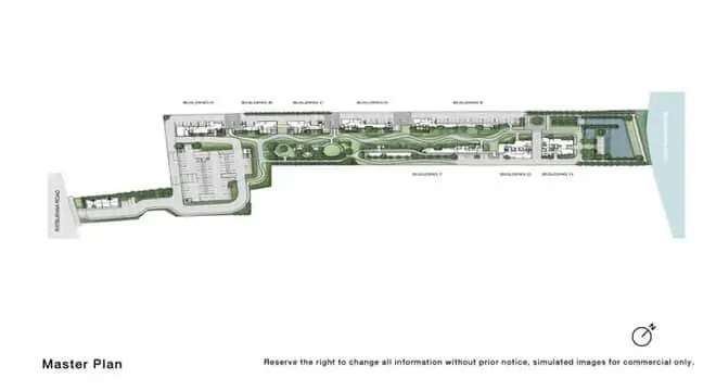 Master plan of modern residential complex with green spaces and amenities.