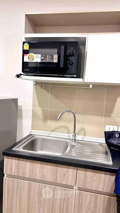 Modern kitchen with sleek sink and microwave in compact design.