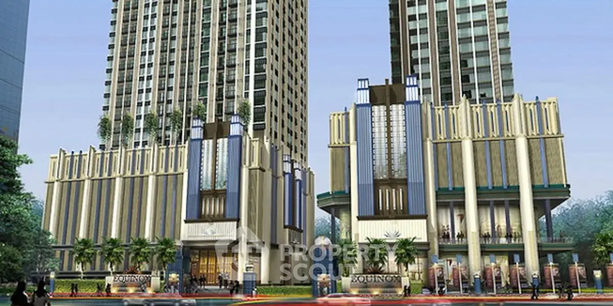 Luxurious modern high-rise buildings with elegant architectural design and lush greenery.