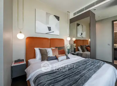 Luxurious modern bedroom with elegant decor and plush bedding