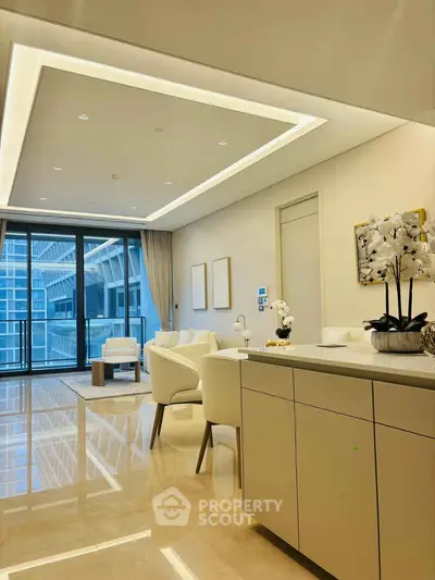 Luxurious modern living room with elegant decor and stunning city view