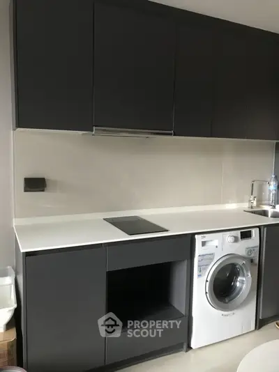 Modern kitchen with sleek cabinets and built-in washing machine