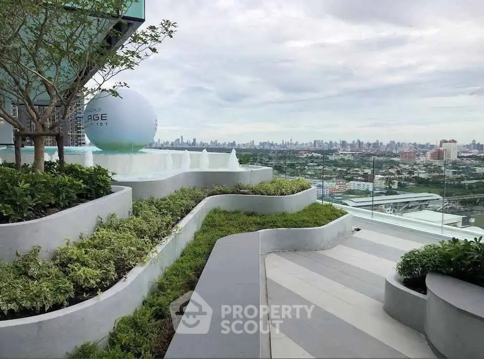 Stunning rooftop garden with panoramic city views and modern landscaping.