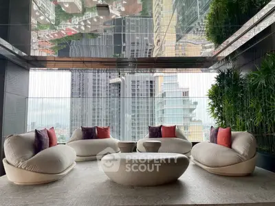 Luxurious modern balcony with plush seating and stunning city view
