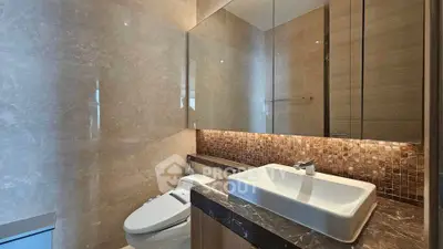 Luxurious modern bathroom with elegant fixtures and marble accents