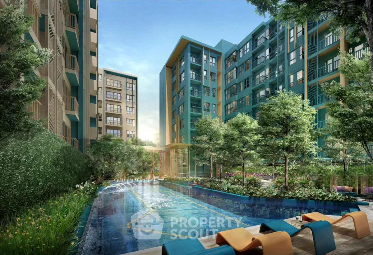Luxurious modern apartment complex with stunning pool and lush greenery.